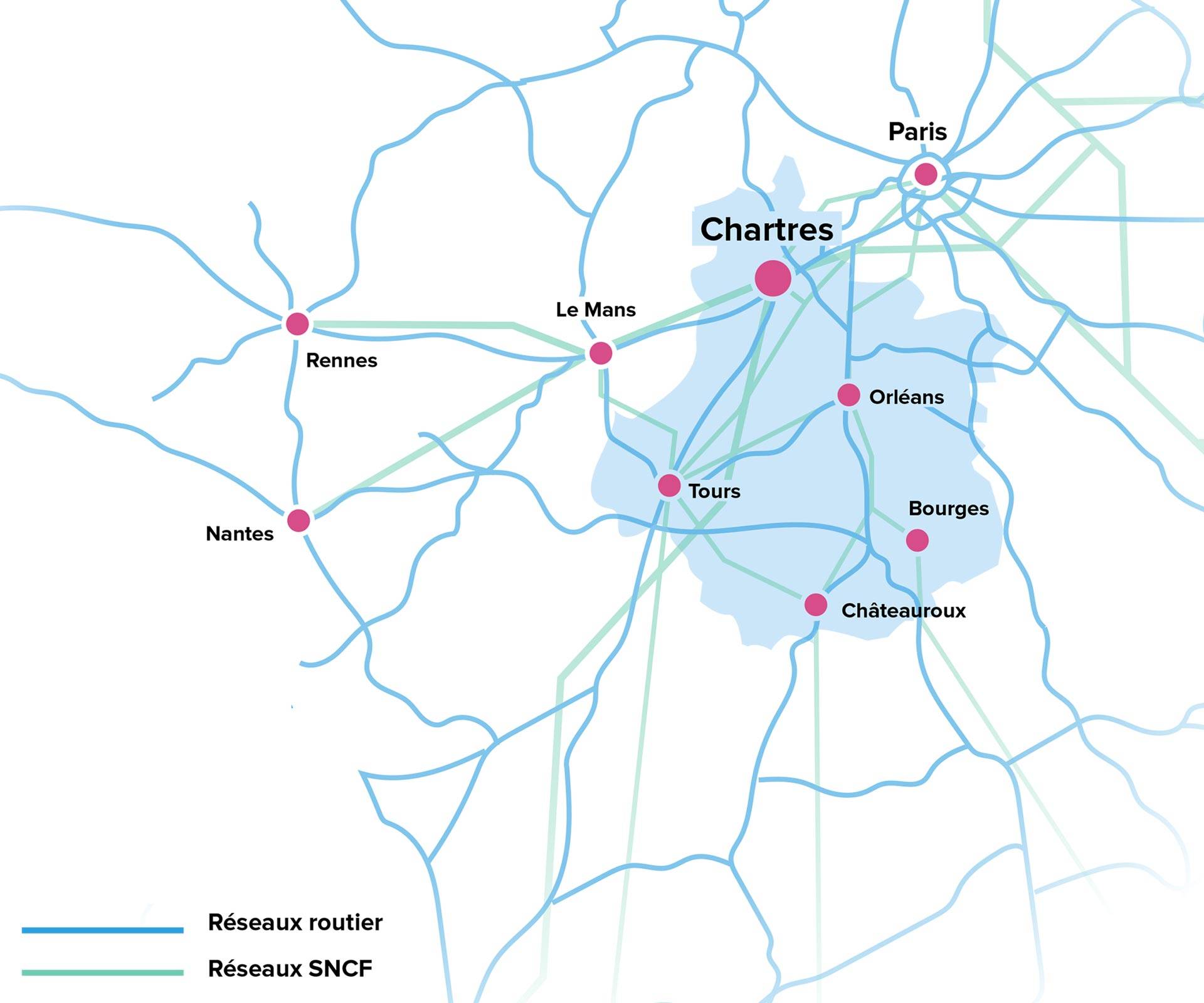 carte des liaisons routières et ferroviaires de Chartres et des grandes villes voisines